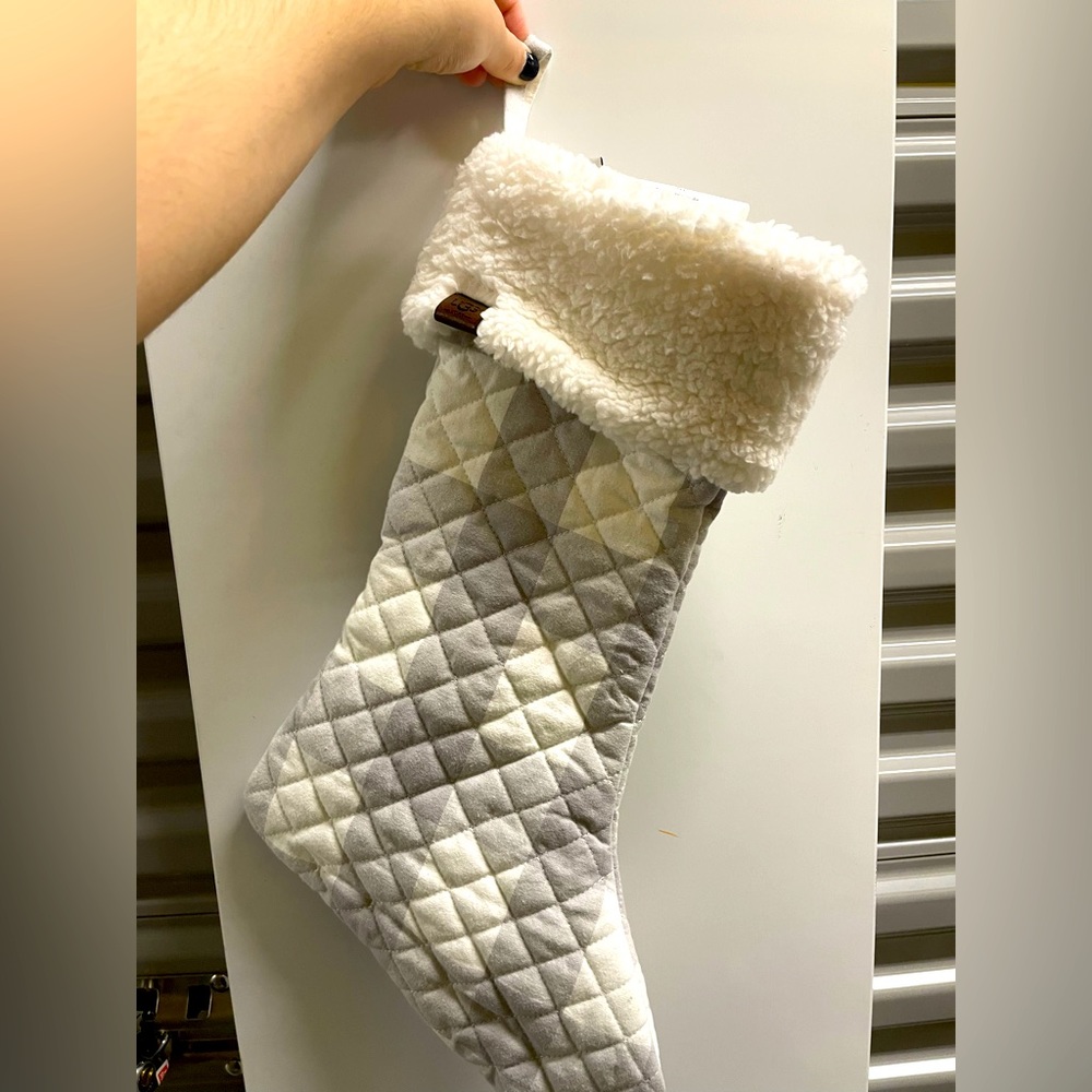 Quilted Grey and White Plaid Ugg Stocking with Sherpa Cuff